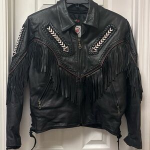 Route 66 Black Leather Jacket with Fringe and Chevron Accents